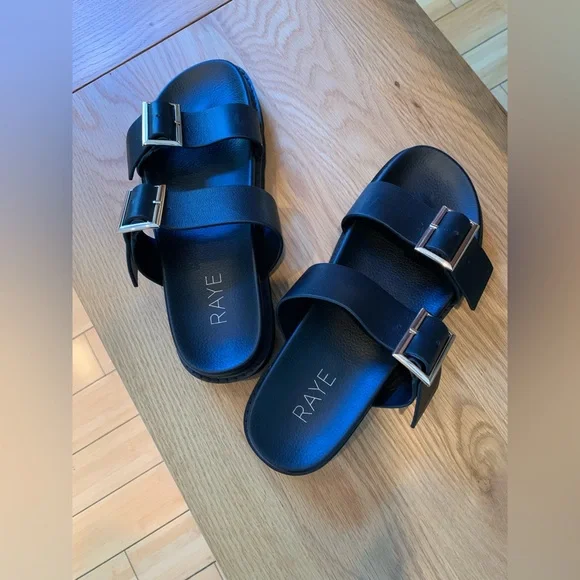 RAYE Clifton Double Buckle Sandals in Black Leather - Picture 1 of 3